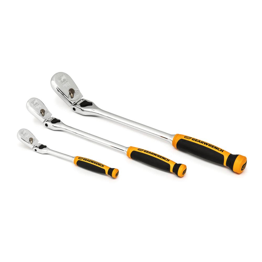 3 Pc 1/4， 3/8 and 1/2 Drive 90 Tooth Dual Material Locking Flex Head Ratchet Set ;