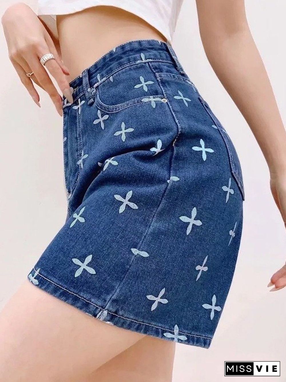 Washed Cross Printed Denim Shorts