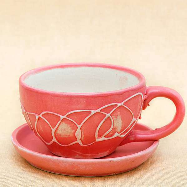 4.5 inch (11 cm) CP010 Embossed Cup Shape Round Ceramic Pot with Plate (Peach)