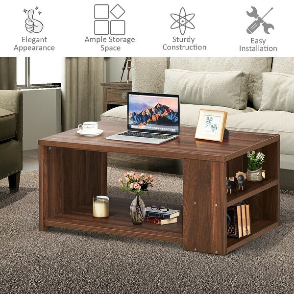 Coffee Table Sofa Side Table with Storage Shelves -Walnut - 35