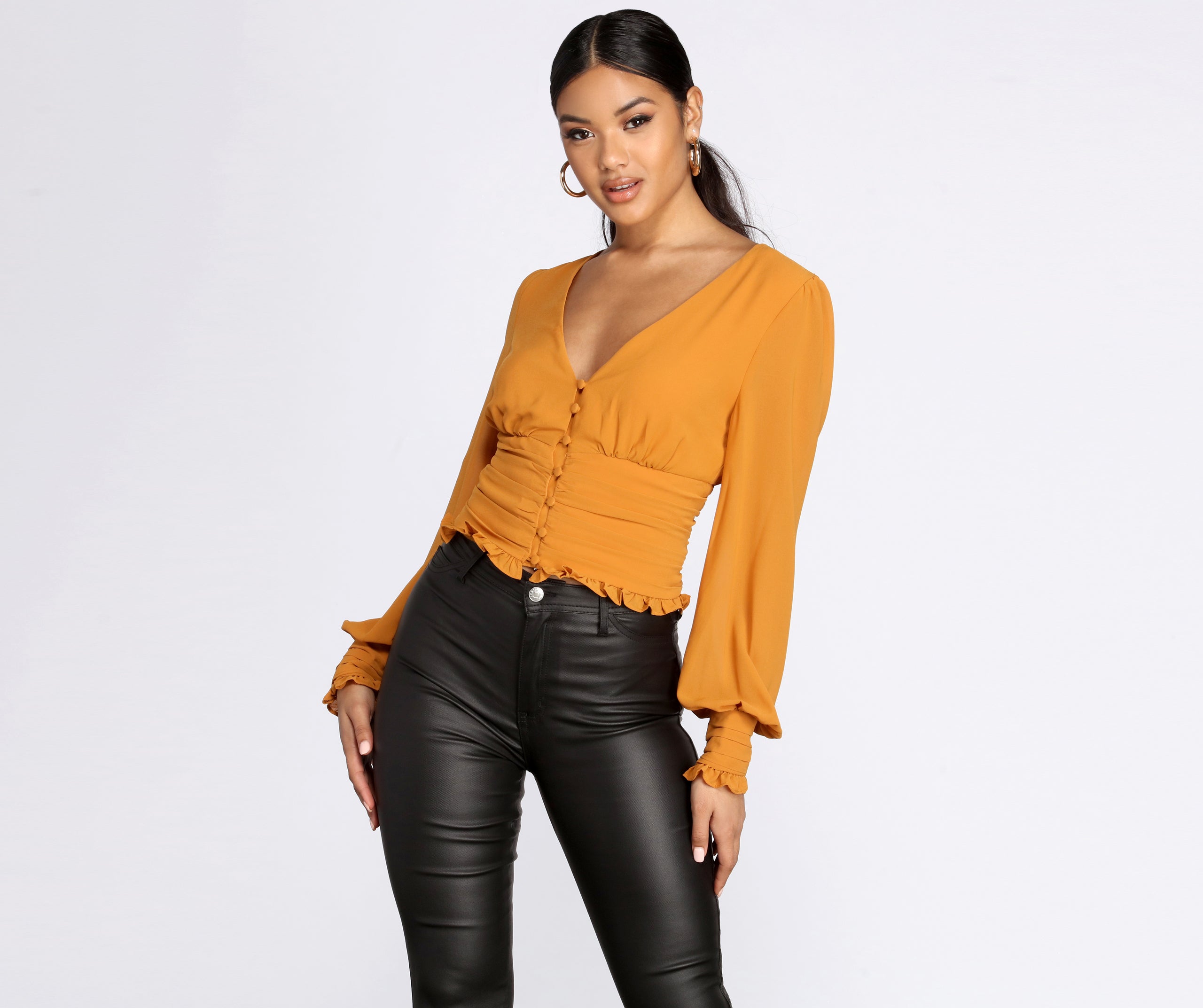 Chiffon Ruched Waist Cropped Blouse