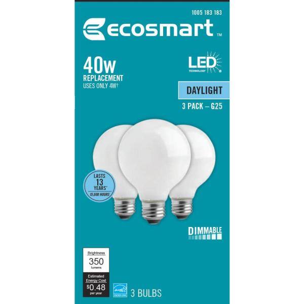 EcoSmart 40-Watt Equivalent G25 Globe Dimmable ENERGY STAR Frosted Glass Filament LED Vintage Edison Light Bulb Daylight (3-Pack) FG-03399