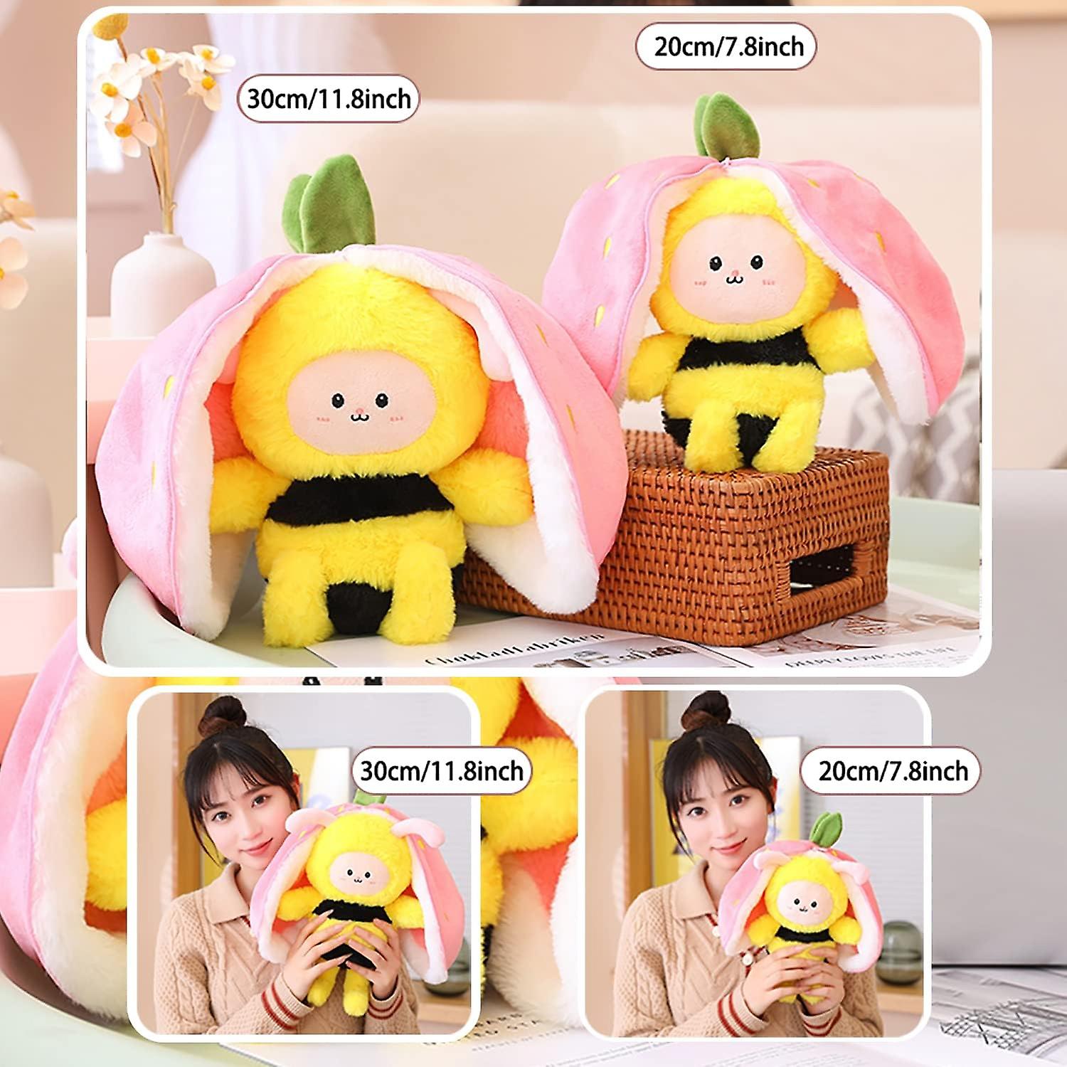 Bee Stuffed Animal Plush， Reversible Strawberry Turn Into Bee Ears Zip Plush Toy， A Strawberry For Baby and Adult Gift (11.8inch)