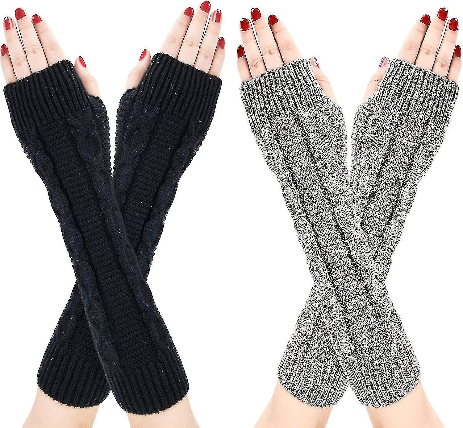 Women's Winter Half Gloves， 2 Pairs Of Warm Knitted Fingerless Arm Warmers Mittens