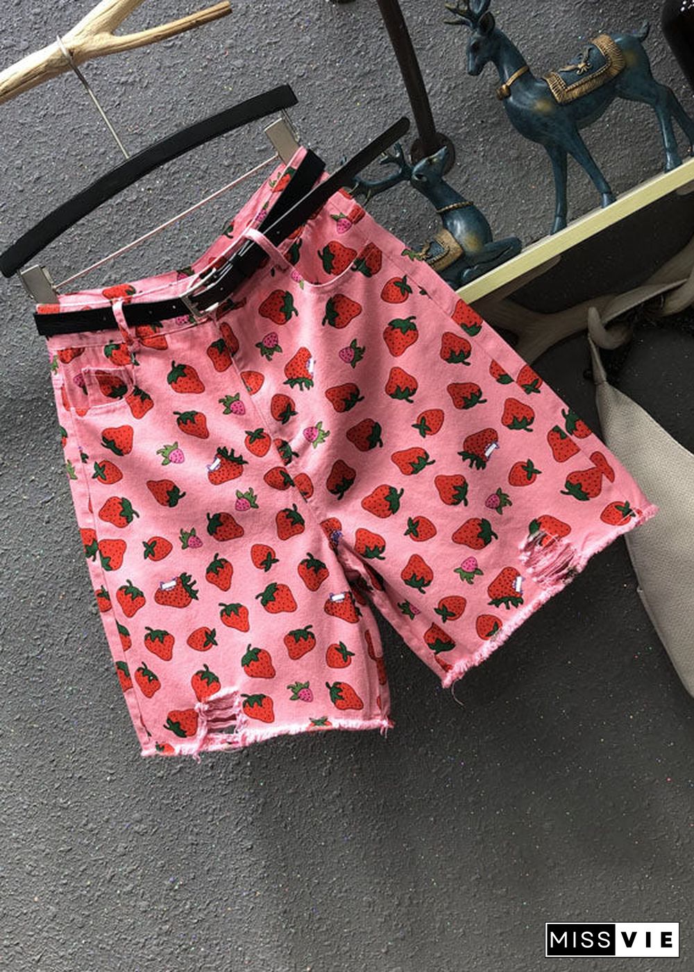 Elegant Pink High Waist Strawberry Print Patchwork Half Straight Pants