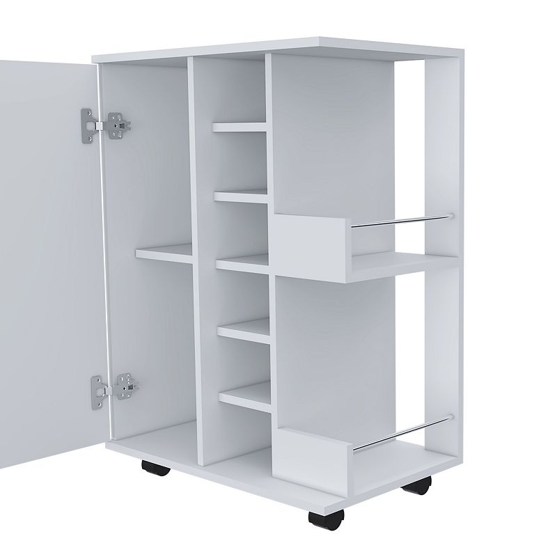 DEPOT E-SHOP Magda Bar Cart， Four Casters， Six Built-in Wine Rack， Single Door Cabinet， Two External Shelves， White