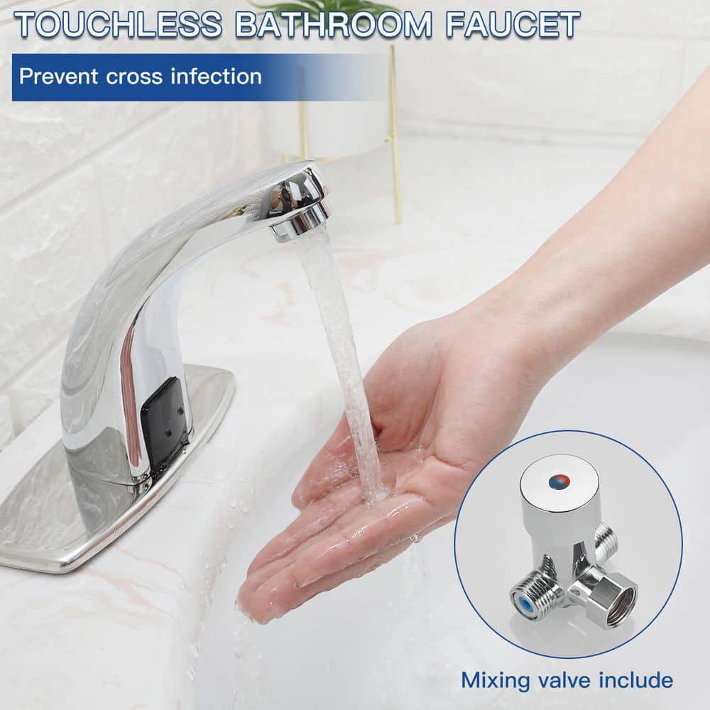 BWE Automatic Sensor Touchless Bathroom Sink Faucet With Deck Plate In Polished Chrome