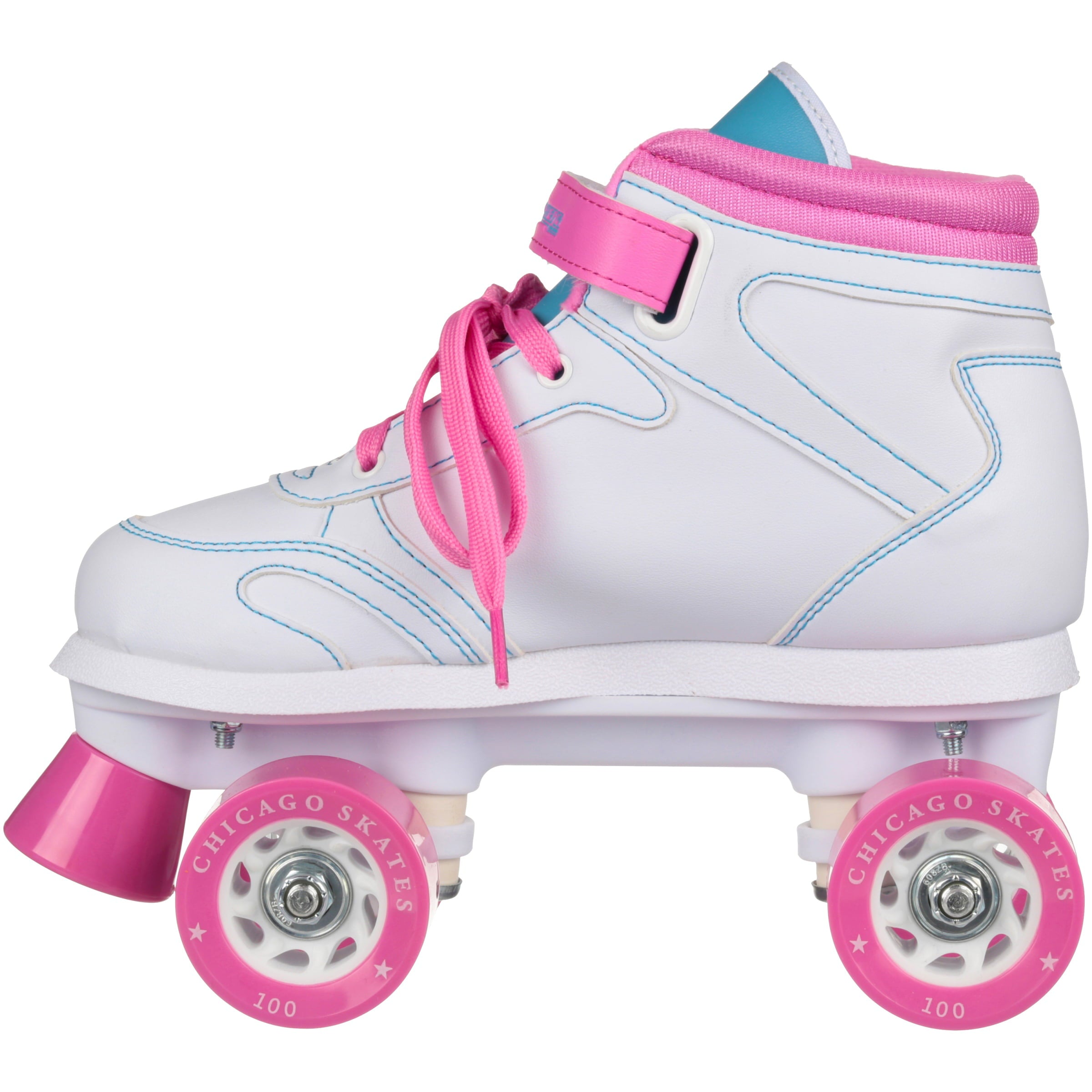 Chicago Skates Girls' Quad Roller Skates White/Pink/Teal Sidewalk Skates， Size 3