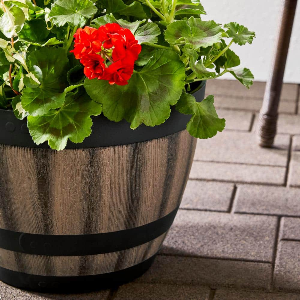 Vigoro 16 in. Reedley Large Kentucky Walnut Brown Resin Wine Barrel Planter (16 in. D x 11.5 in. H) HD1312-037