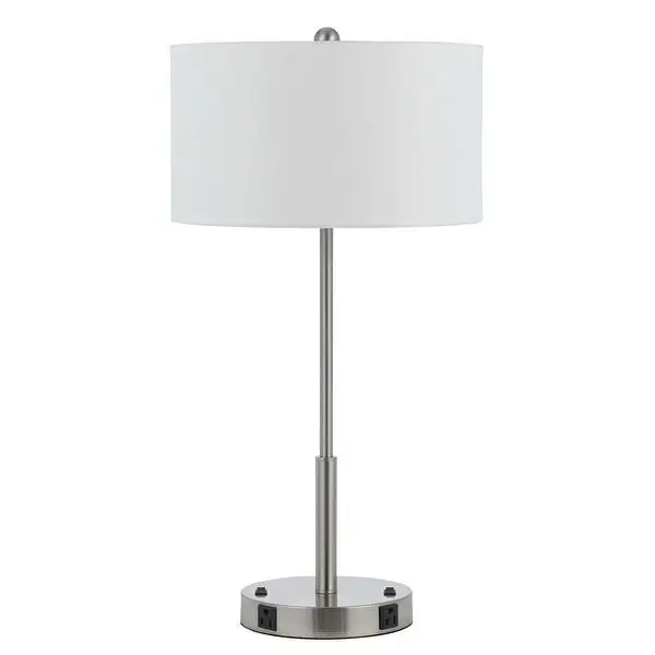 27 Inch Modern Table Lamp with Round Drum Shade， 2 Outlets， White， Chrome - 14L x 14W x 27H， in inches