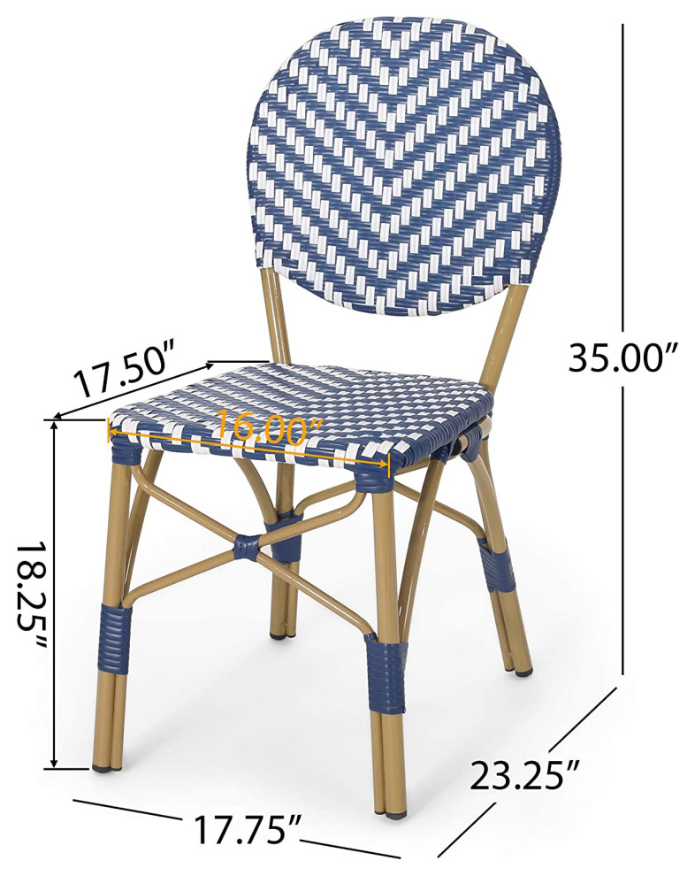 3 Pieces Patio Bistro Set  Bamboo Wood Frame and Woven Navy Blue/White Rattan   Contemporary   Outdoor Pub And Bistro Sets   by Decor Love  Houzz