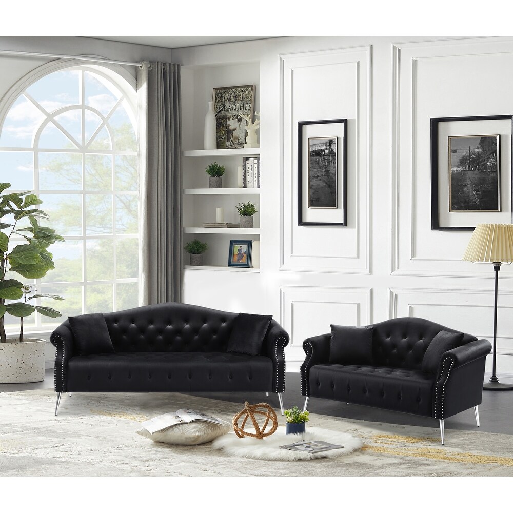 Velvet Chesterfield Sofa Set with Button Tufting