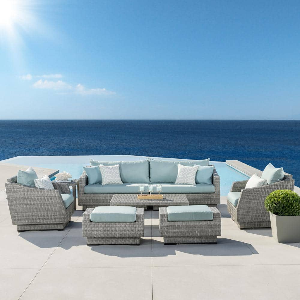 RST BRANDS Cannes 8-Piece All-Weather Wicker Patio Sofa and Club Chair Conversation Set with Spa Blue Cushions OP-PESS8-CNS-SPA-K