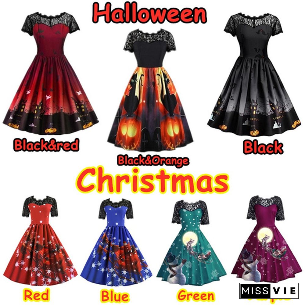 Women Fashion Retro Lace Xmas Dresses Elegant Short Sleeve Santa Claus Snowman 3D Print Pleated Dress Halloween Costume Knee Length Party Dresses