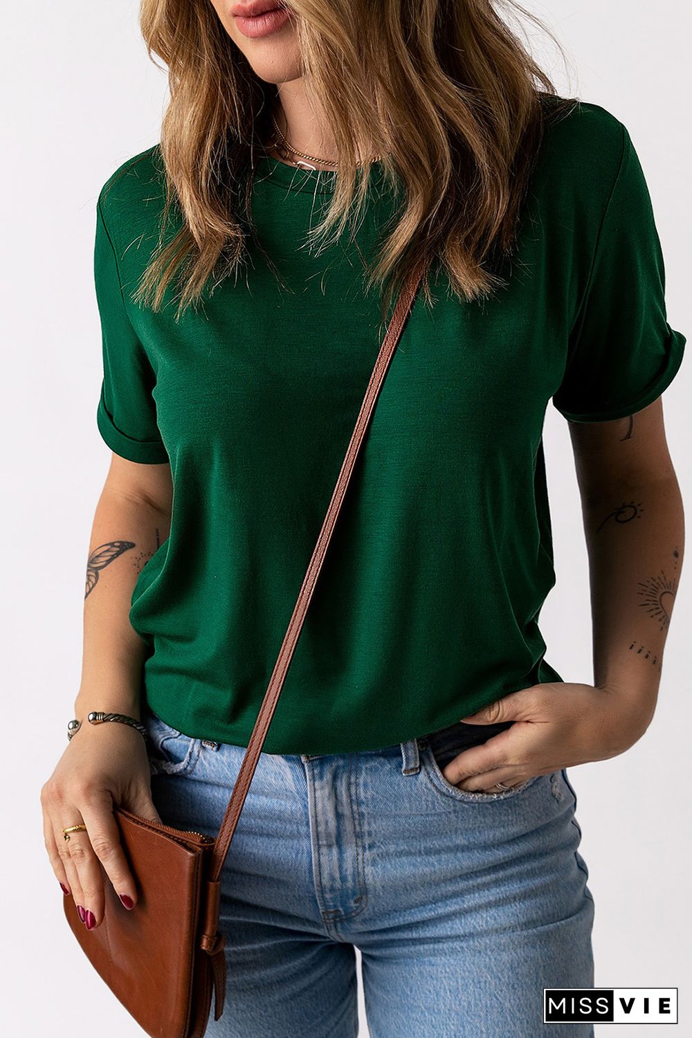 Green Solid Color Crew Neck Tee