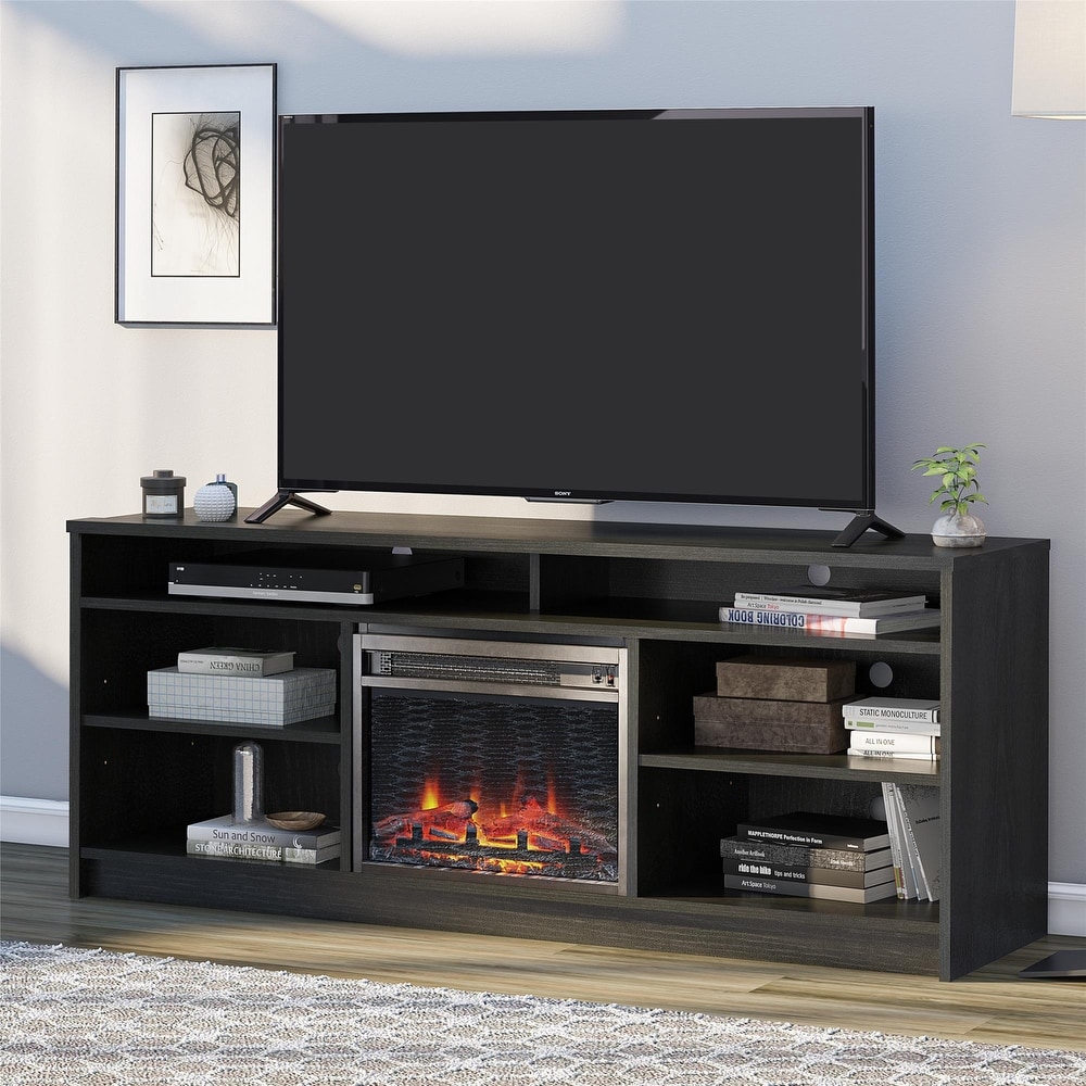 Ameriwood Home Hickory Hill 65 inch TV Stand with Electric Fireplace Insert and 6 Shelves