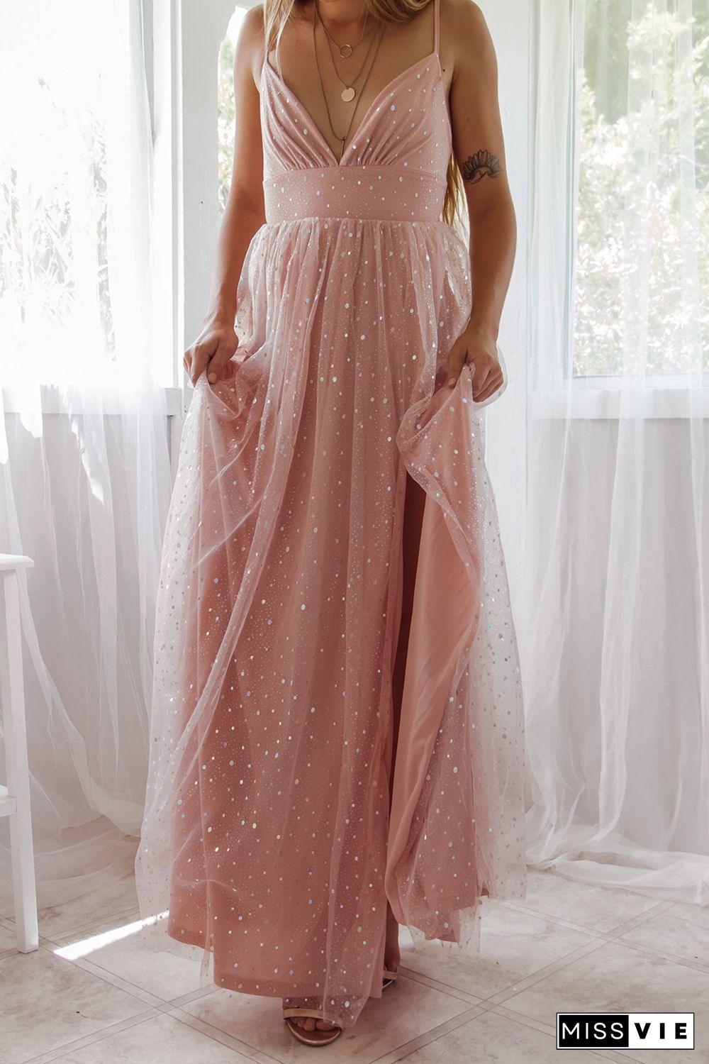 Pink Spaghetti Straps Backless Sequin Tulle Gown