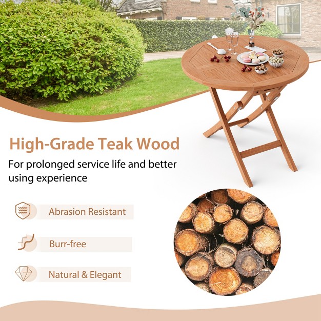 Costway 31 5 x27 x27 Patio Round Folding Dining Table Solid Teak Wood Natural Outdoor Portable