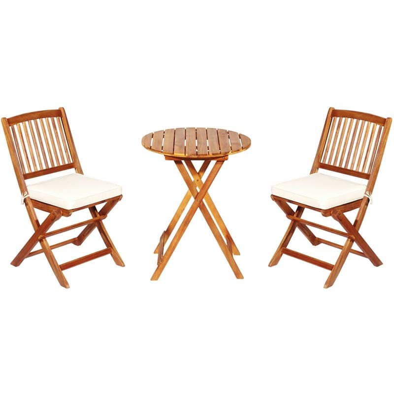 3 Pcs Acacia Wood Patio Folding Bistro Set Outdoor Chair Table Set with Padded Cushion & Round Coffee Table