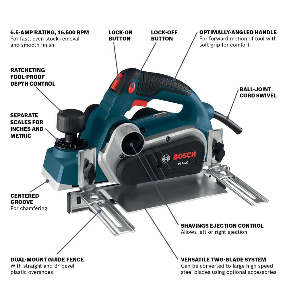 Bosch 6.5 Amp 3-1/4 in. Corded Planer Kit with 2 Reversible Woodrazor Micrograin Carbide Blades and Carrying Case PL2632K