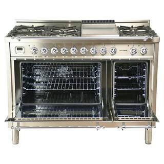 Hallman 48 in 5.0 cu.ft. Double Oven Dual Fuel Italian Range wTrue Convection 7 Burners Griddle Chrome TrimStainless Steel HDFR48CMSS