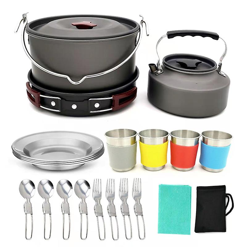 22pcs Lightwelght Outdoor Camping Soup Pots， Pans， Teapots Whit 4 Cupscamping Cooking Kit For 4 Person  Hiking Picnic