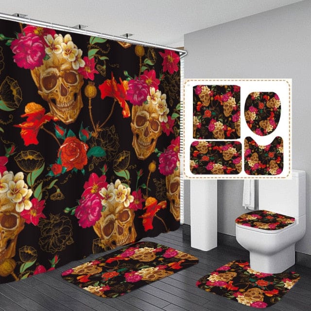 Skull Print Shower Curtain, Bath Mat, Toilet Lid Cover Or Bathroom Carpet