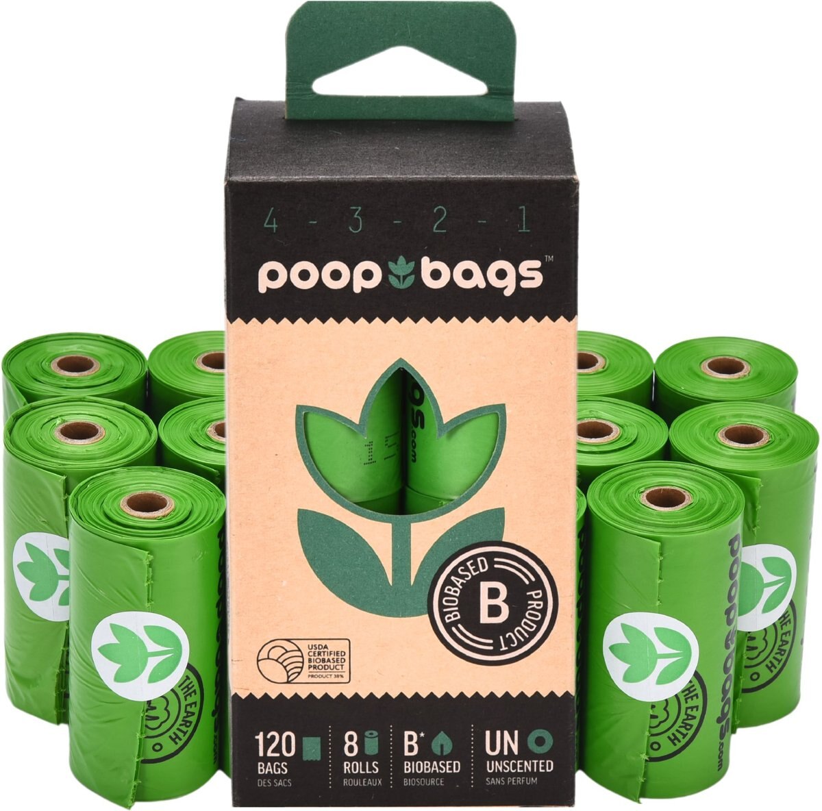 The Original Poop Bags Countdown USDA Certified Biobased Rolls， Green， Large， 120 count