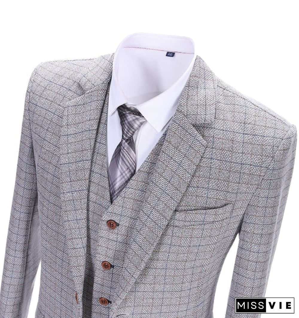 Men's Business 3 Pieces Formal White Plaid Solid Notch Lapel Suit (Blazer+vest+Pants)