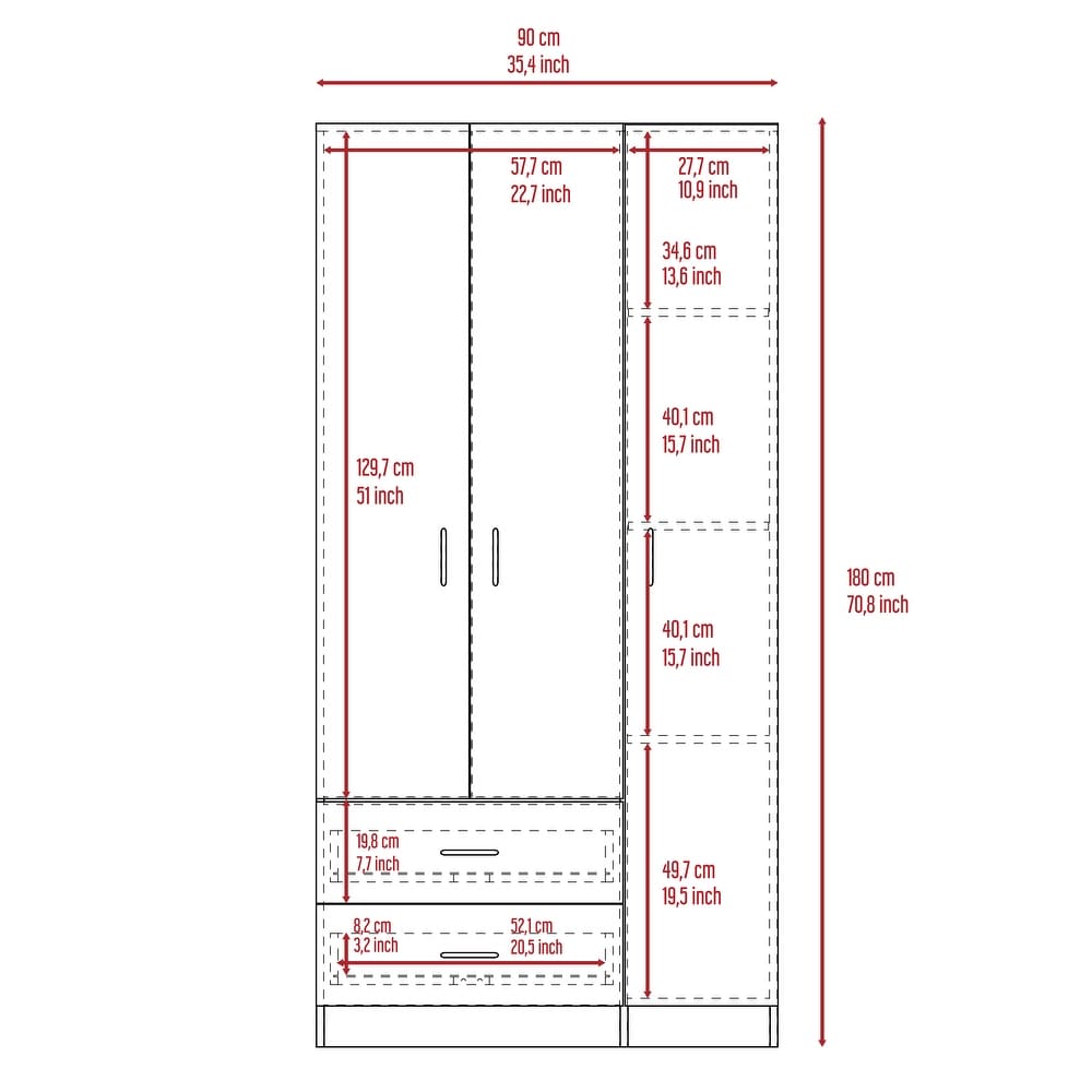 Bedroom 3 Door Armoire Cabinet with Clothing Rod and Drawer   Shelves