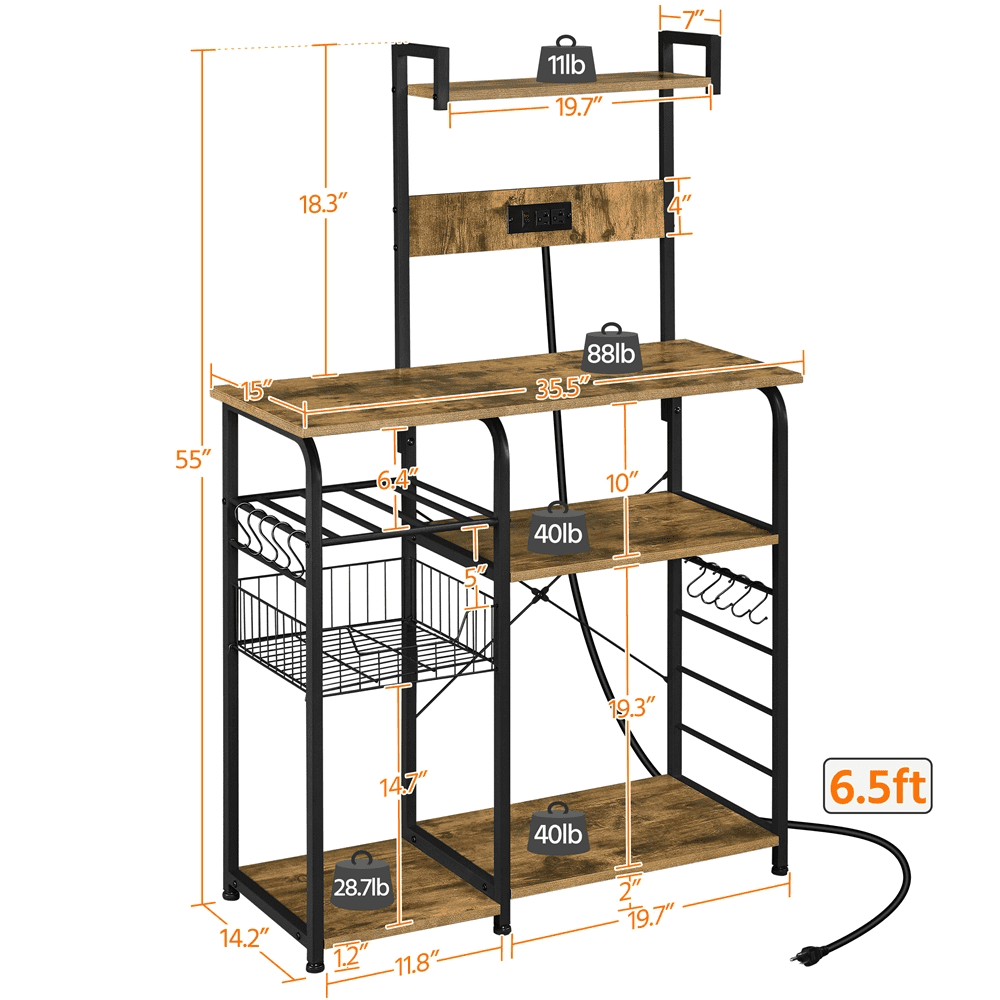 Topeakmart 4-Tier Kitchen Baker's Rack with Power Outlet 10 S-Hooks， Rustic Brown