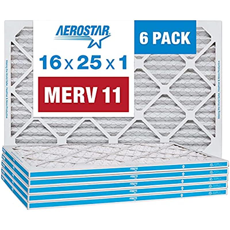 Aerostar 16x25x1 MERV 11 Pleated Air Filter， 6 Pack (Actual Size: 15 3/4 x 24 3/4 x 3/4 ) and Aerostar 16x16x1 MERV 8 Pleated Air Filter， 6 Pack (Actual Size: 15 3/4 x15 3/4 x3/4 )