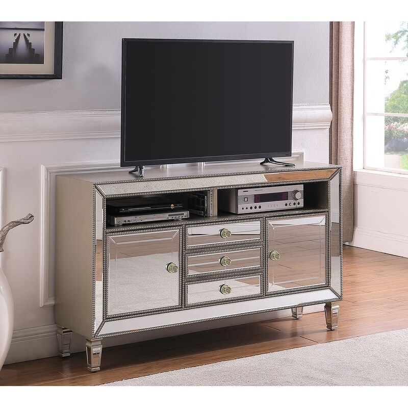 Best Master Furniture 3 Drawer Silver Mirrored Nailhead TV Stand with Middle Console