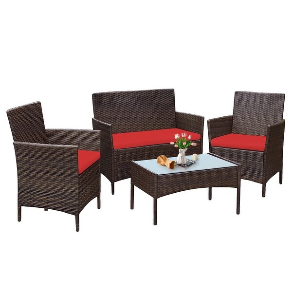 4 Piece Patio Conversation Wicker Furniture Set，Outdoor Rattan Sectional Furniture Set With Cushions