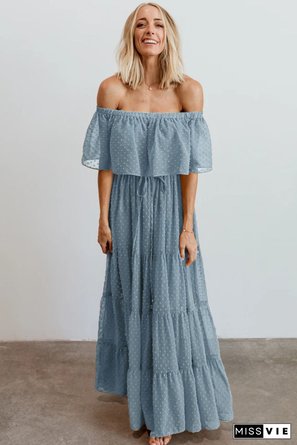 Sky Blue Off Shoulder Ruffle Swiss Dot Maxi Dress