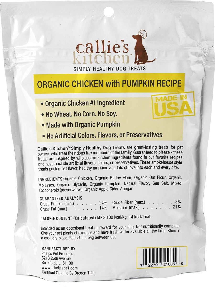 Callie's Kitchen Organic Chicken and Pumpkin Recipe Dog Treats， 4-oz bag