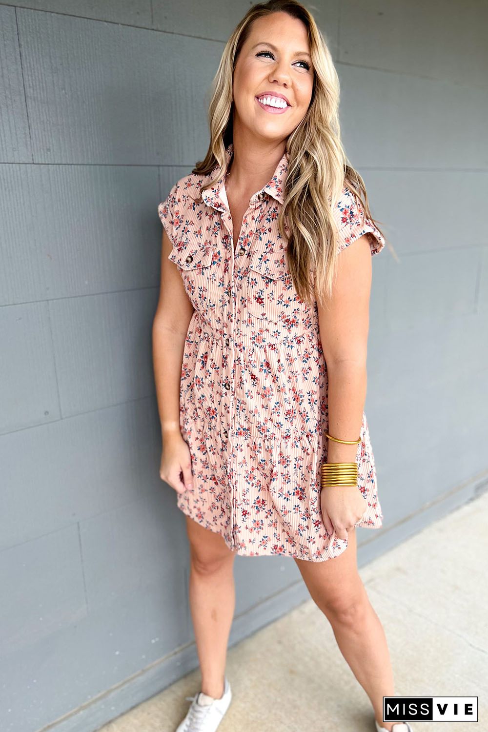 Pink Short Sleeve Flap Pockets Shirt Floral Dress