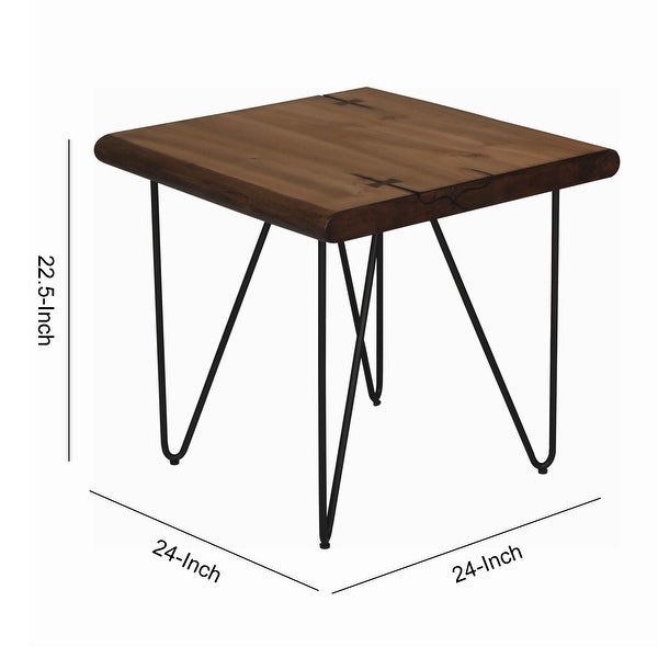 Square Wooden Top End Table with Metal Hairpin Legs， Brown