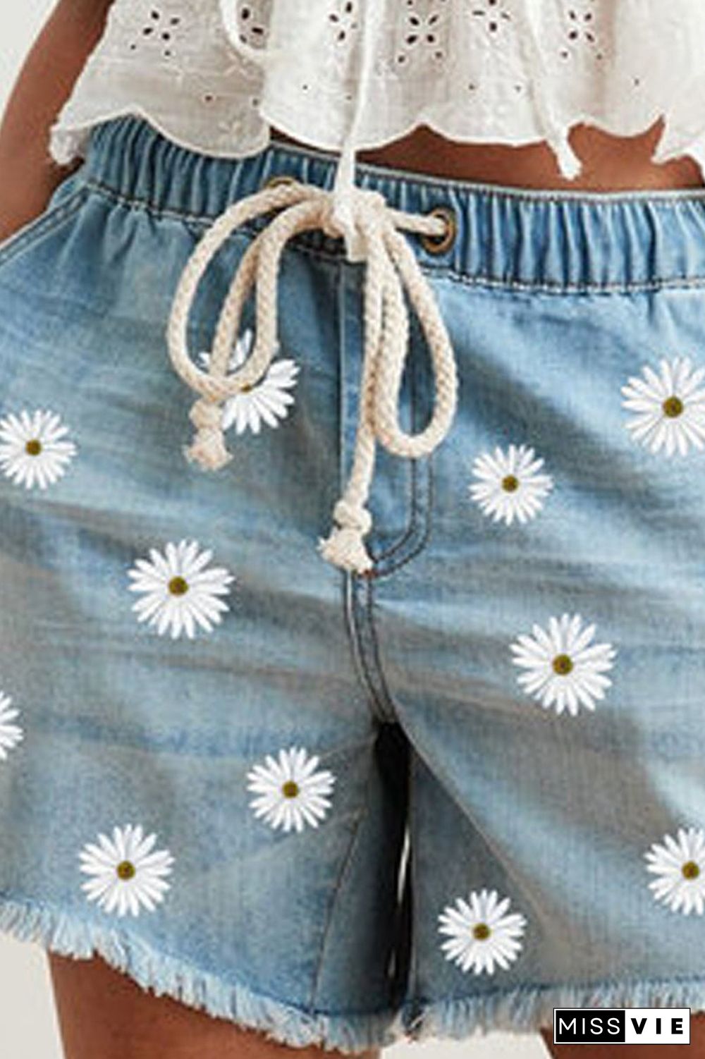 Denim Floral Printed Drawstring Waist Shorts