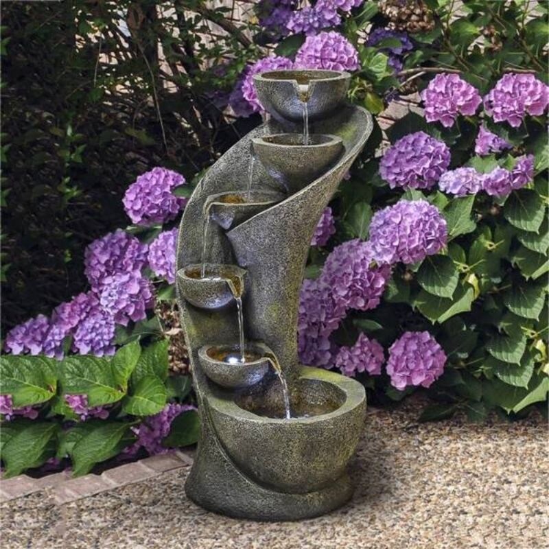 23.5inches Outdoor Water Fountain with LED Light   Modern Curved Indoor Outdoor Waterfall Fountain 5 Tier   11.5*11.5*23.5inches