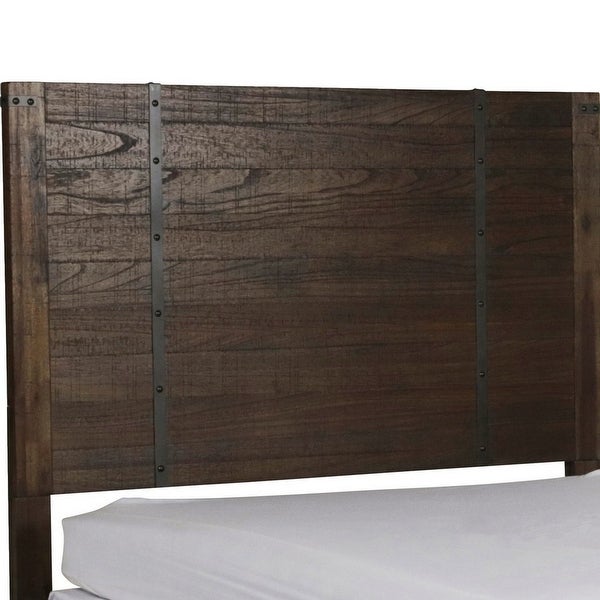 Queen Size Plank Style Headboard with Metal Strips and Rivet Accents， Brown - - 31575553