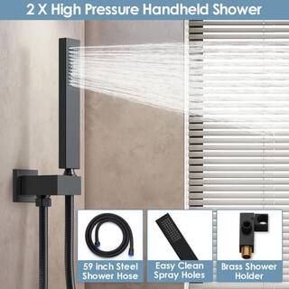 GRANDJOY LED Temperature Thermostatic Valve 7-Spray Ceiling Mount 12 in. Fixed and Handheld Shower Head 2.5 GPM in Matte Black GJSFS-1026-BK12