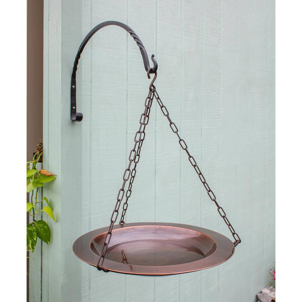 ACHLA DESIGNS 18 in. Dia Round Antique Finished Classic Copper Hanging Birdbath with Roman Bronze Wrought Iron Hanger BBH-04CP