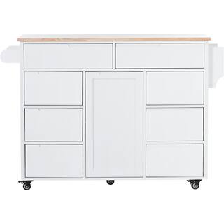 White Wood 53.1 in. Kitchen Island with 8 Handle-Free Drawers and 5 Wheels for Kitchen Dinning Room LH-950