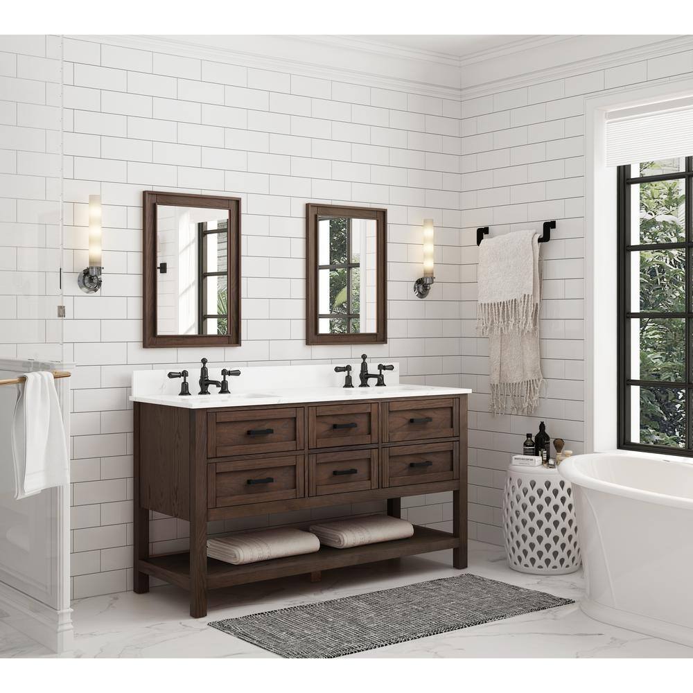 Home Decorators Collection Tolbrook 60in. W x 22 in. D x 34 12 in. H Vanity in Brown Oak with Engineered Carrara Marble Top and White Sinks TJ-0204V6022BR