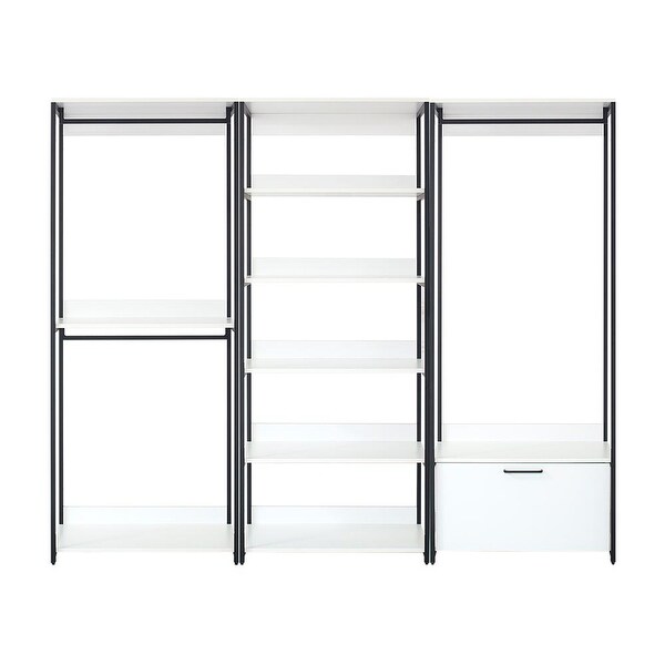 Garment Rack White Freestanding Walk in Wood Closet System with Metal Frame， 1-Drawer 5 Compartments， Bedroom Clothing Armoires - - 37828086