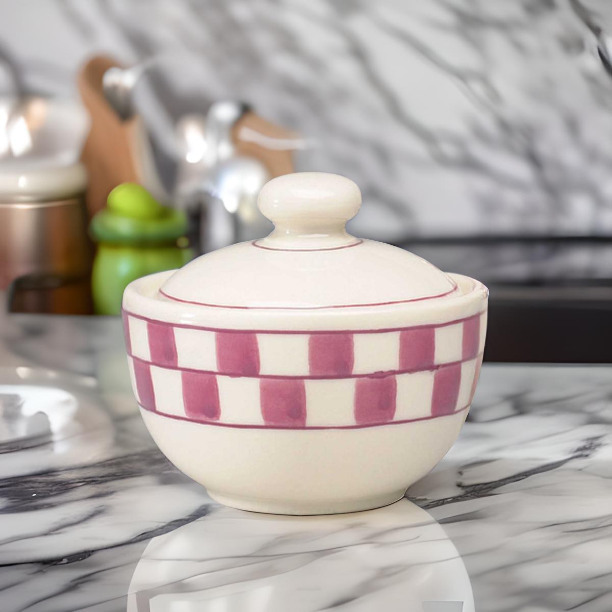 Sugar Bowl Red/White Checkmate Stoneware Handpainted | Renovator's Supply