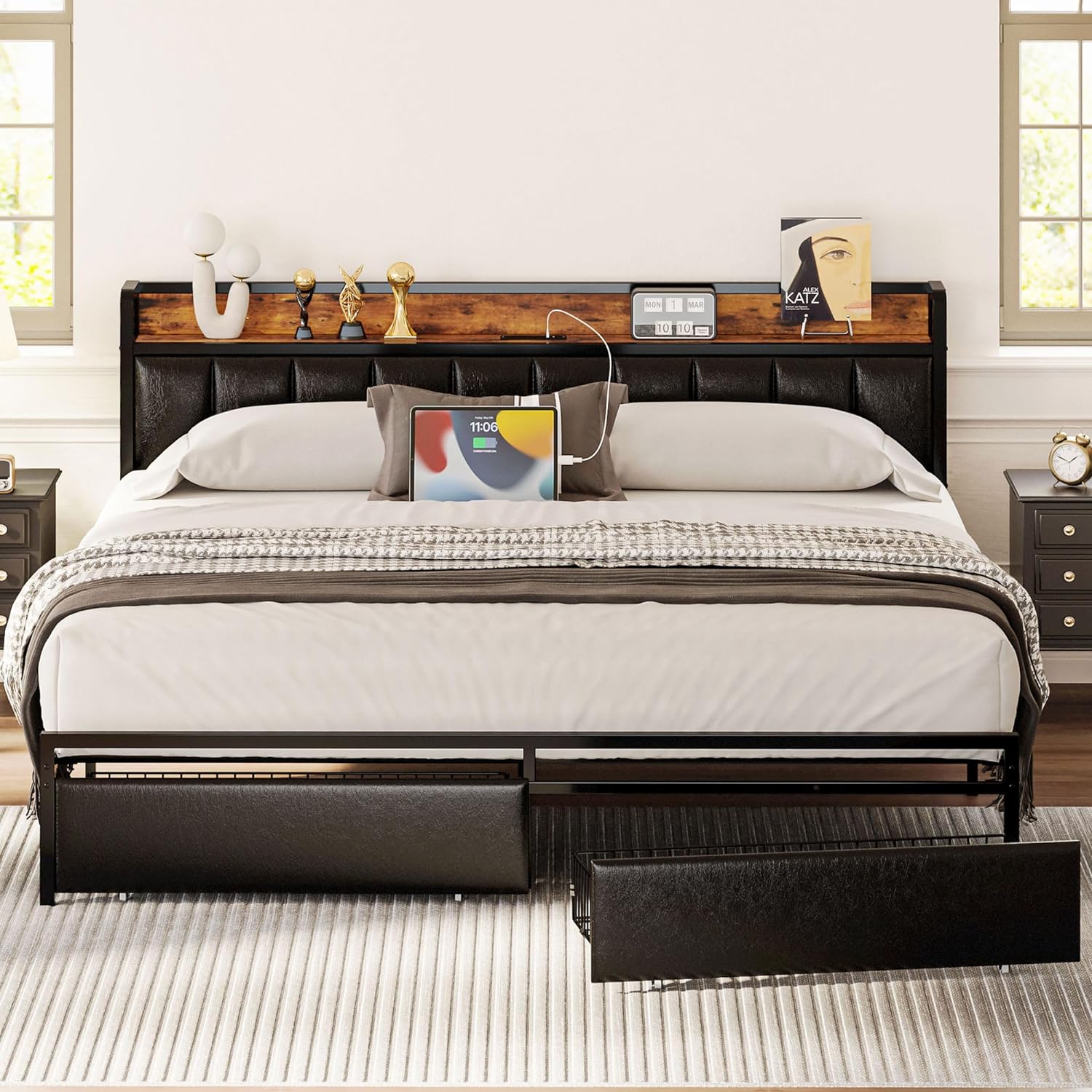 Platform Bed Frame with Storage Headboard, Charging Station, Drawers