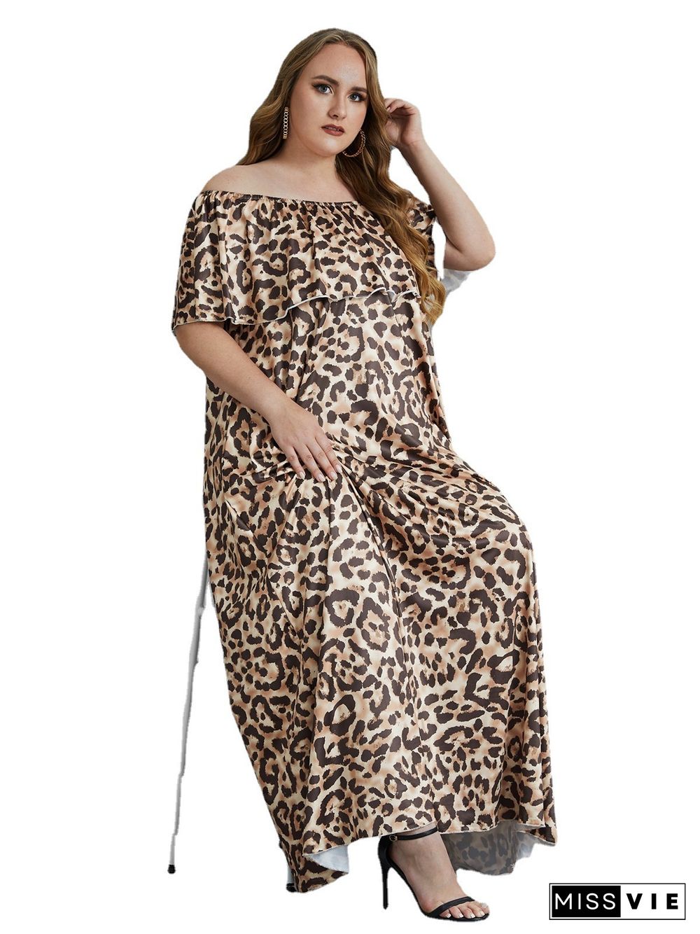 Plus Size Summer Leopard Print Off The Shoulder Short Sleeve Loose Party Club Holiday Maxi Long Dresses