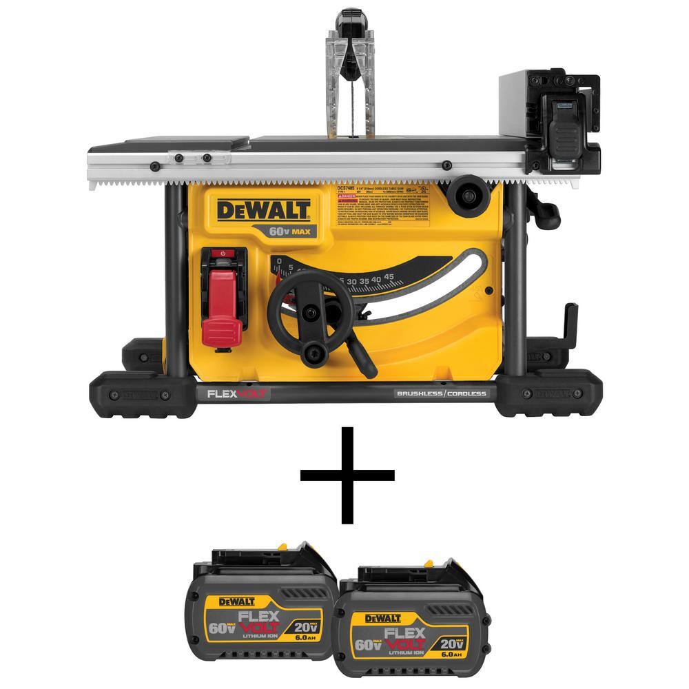 DW FLEXVOLT 60V MAX Cordless Brushless 8-14 in. Table Saw Kit and (2) FLEXVOLT 6.0Ah Batteries DCS7485W6062